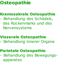 Osteopathie  Kraniosakrale Osteopathie  - Behandlung des Schädels,    des Rückenmarks und des    Nervensystems  Viszerale Osteopathie - Behandlung innerer Organe  Parietale Osteopathie - Behandlung des Bewegungs-   apparates